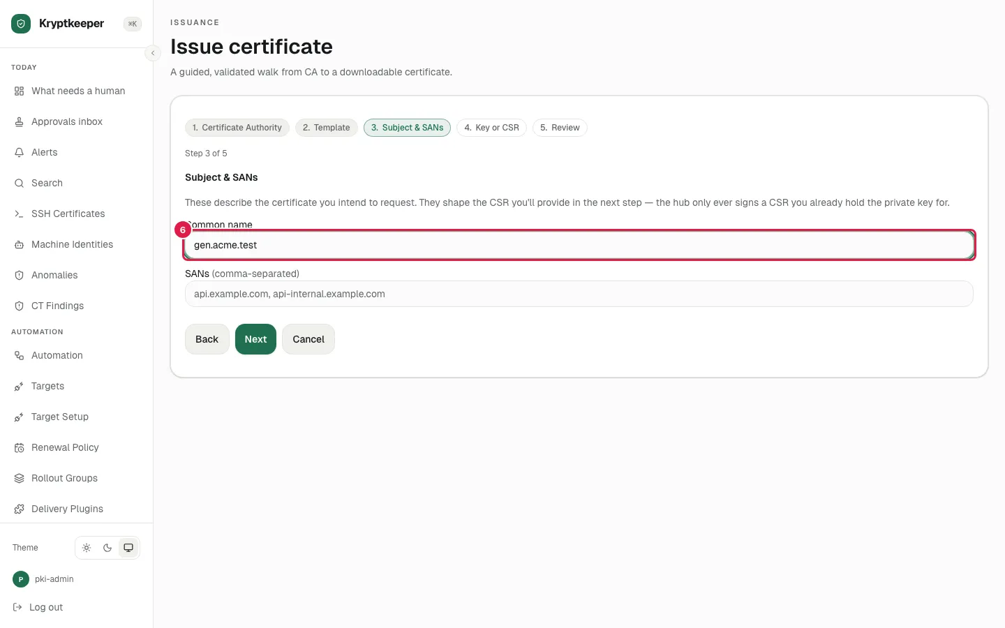 Fill Subject common name with "gen.acme.test"
